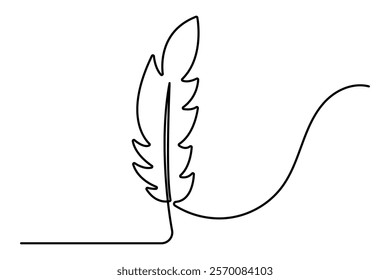 Bird feather continuous one line art drawing of isolated outline vector illustration