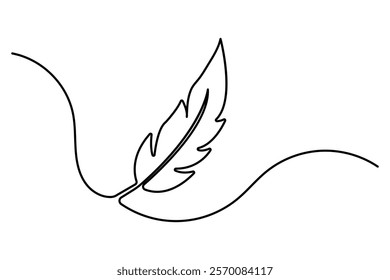 Bird feather continuous one line art drawing of isolated outline vector illustration