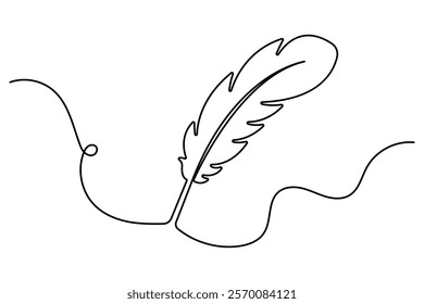 Bird feather continuous one line art drawing of isolated outline vector illustration