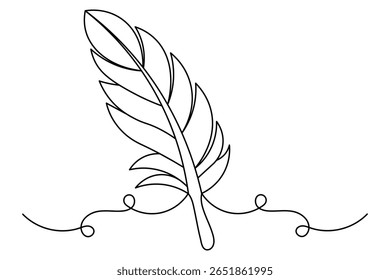 Bird feather continuous one line drawing and minimalist style isolate outline vector illustration