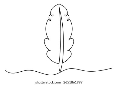 Bird feather continuous one line drawing and minimalist style isolate outline vector illustration
