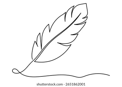 Bird feather continuous one line drawing and minimalist style isolate outline vector illustration