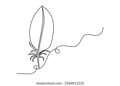 Bird feather continuous single line art and isolated outline vector illustration