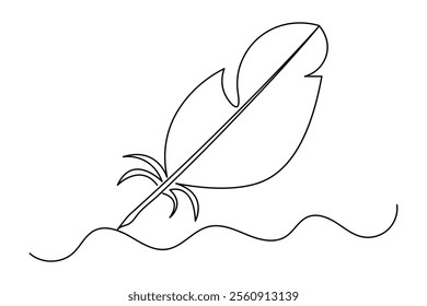 Bird feather continuous single line art and isolated outline vector illustration