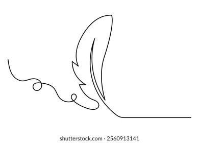 Bird feather continuous single line art and isolated outline vector illustration