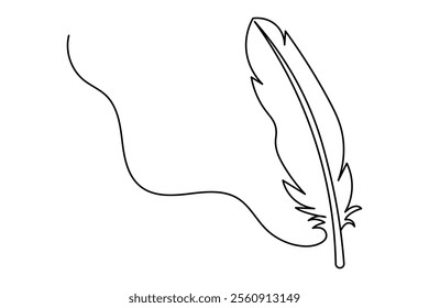 Bird feather continuous single line art and isolated outline vector illustration