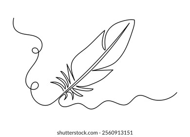 Bird feather continuous single line art and isolated outline vector illustration