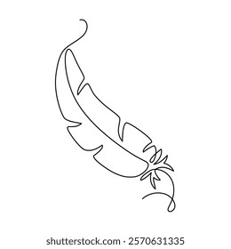 Bird feather drawn with continuous line in minimalism, abstract, symbol of kinship and spiritual unity, concept of truth, element of wind and air, one line, editable vector contour