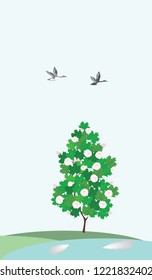 Bird feather - flowering tree, flying ducks - flat style - spring  background - vector