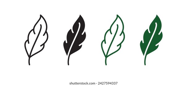 Bird Feather Glyph and Outline Pictogram Set. Ink Pen for Calligraphy Write. Fluffy Smooth Quill Black and Green Symbol. Lightweight Natural Quill. Light Weight Feather. Isolated Vector Illustration.