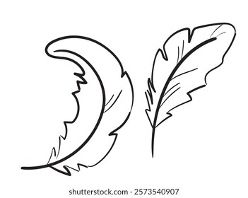 Bird feather hand drawn icon, flying dove feathers isolated, doodle soft plume silhouette, brutal, crudely drawn feather vintage ink vector illustration