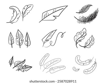 Bird feather hand drawn icon, flying dove feathers isolated, doodle soft plume silhouette, brutal, crudely drawn feather vintage ink vector illustration