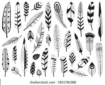 Bird feather hand-drawn set in black and white. Decorative monochrome plumage and quill silhouette collection in flat design. Birds plume line illustrations on white background.
