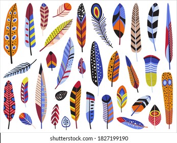 Bird feather hand-drawn set. Vibrant decorative plumage and cartoon quill collection in flat design. Colorful birds plume illustrations on white background.