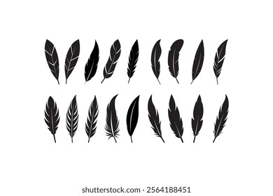 Bird feather icon set vector illustration isolated on .Bird feather icons. Vector silhouettes of black quill pens, fluffy angel wing, swan or goose bird 