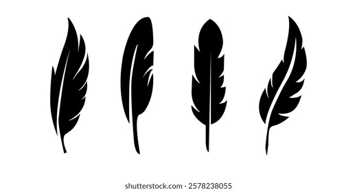 Bird feather icon set vector illustration isolated on .Bird feather icons. Vector silhouettes of black quill pens, fluffy angel wing