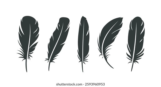 Bird feather icons set. Dark silhouette or black sticker with angel wings plumes. Design elements for tattoo or logo. Flat vector illustration collection isolated on white background