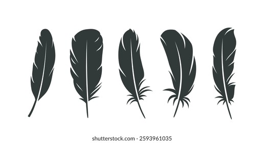 Bird feather icons set. Dark silhouettes of plumes of different shapes. Aerial feathers of birds or angel wings. Design for logo. Flat vector illustration collection isolated on white background