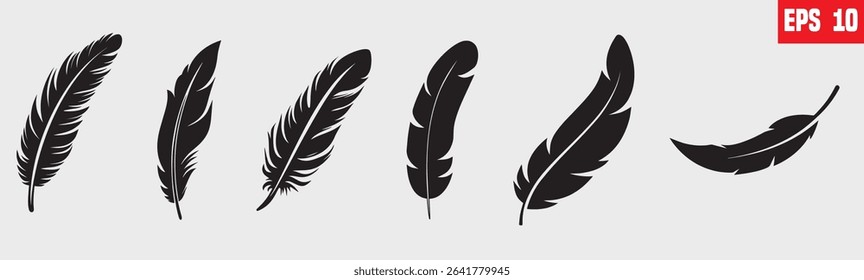 Bird feather icons set. Platelet collection. vector, isolated feathers silhouette