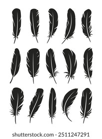 Bird feather icons set. Simple black and white symbols with different feathers from bird wings. Flat vector illustration collection isolated on white background