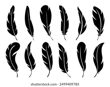 Bird feather icons. Vector silhouettes of vintage black quill pens, fluffy angel wing plumes, swan or goose bird flight feathers. Tattoos, ancient writing tools, literature and poetry isolated symbols