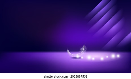 Bird Feather And Light Banner Copyspace Vector. Elegant Softness Feather Laying On Surface And Lighting Rays. Lightness Fluffy Plume Abstract Wallpaper Template Realistic 3d Illustration