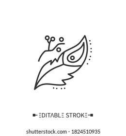 Bird feather line icon. Outline drawing. Boho, tribal, ethnic element. Aztec symbol. Native American tribal necklace. Phoenix feather. Magic, shamanism. Isolated vector illustration. Editable stroke 