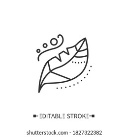  Bird feather line icon. Outline drawing. Boho, tribal, ethnic element. Aztec symbol. Native American tribal necklace. Phoenix feather. Magic, shamanism. Isolated vector illustration. Editable stroke 