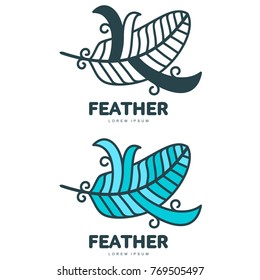 Bird feather logo template. Graphic bird feather logotype with the text below, flight, nature, environment, concept of growth and development. Vector illustration isolated on white background.