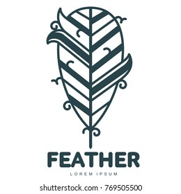 Bird feather logo template. Graphic bird feather logotype with the text below, flight, nature, environment, concept of growth and development. Vector illustration isolated on white background.