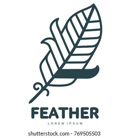 Bird feather logo template. Graphic bird feather logotype with the text below, flight, nature, environment, concept of growth and development. Vector illustration isolated on white background.