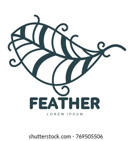 Bird feather logo template. Graphic bird feather logotype with the text below, flight, nature, environment, concept of growth and development. Vector illustration isolated on white background.