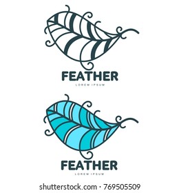 Bird feather logo template. Graphic bird feather logotype with the text below, flight, nature, environment, concept of growth and development. Vector illustration isolated on white background.