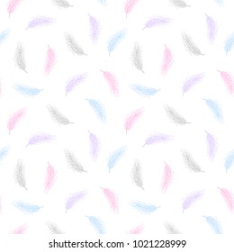 Bird feather multicolored seamless pattern on white background. Vector