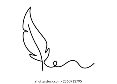 Bird feather one line drawing of minimalist vector icon with black and white background