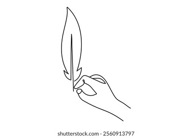 Bird feather one line drawing of minimalist vector icon with black and white background