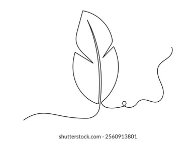 Bird feather one line drawing of minimalist vector icon with black and white background