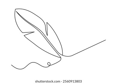 Bird feather one line drawing of minimalist vector icon with black and white background