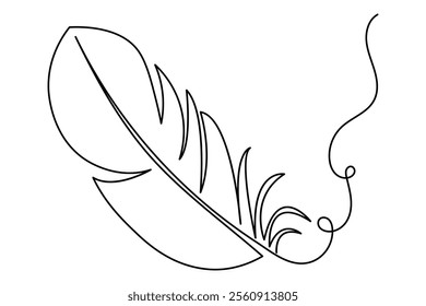 Bird feather one line drawing of minimalist vector icon with black and white background