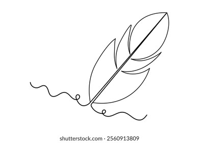 Bird feather one line drawing of minimalist vector icon with black and white background