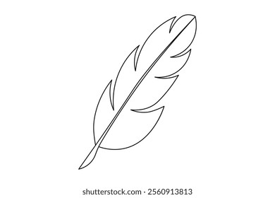 Bird feather one line drawing of minimalist vector icon with black and white background