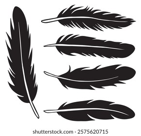 Bird feather. Outline feathers vector set in flat style. wings, feather peacock. Fluffy single feather pen icon. Black quill feather silhouette. Plume collection isolated on white background