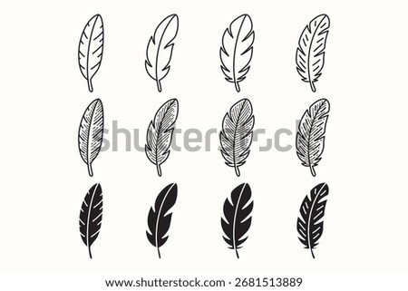 Bird feather outline icon set. Quill feather silhouette symbol pack. Plumes engraving element designs. Decorative, Nature, Farm, Ranch. vector illustration