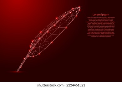 Bird feather pen, writing education concept, from futuristic polygonal red lines and glowing stars for banner, poster, greeting card. Low poly concept. Vector illustration.