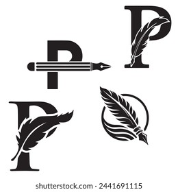 a bird feather and a P-shaped writing pen. EPS 10 vector set of logos