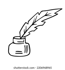 Bird feather quill and inkwell, writing ink pen, hand drawn outline, doodle sketch. Freehand, minimalism style, line art. Isolated. Vector illustration