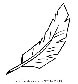 Bird feather quill, writing ink pen, hand drawn outline, doodle sketch. Freehand, minimalism style, line art. Isolated. Vector illustration