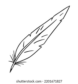Bird feather quill, writing ink pen, hand drawn outline, doodle sketch. Freehand, minimalism style, line art. Isolated. Vector illustration
