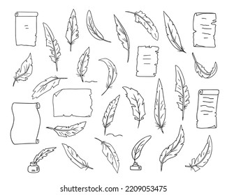 Vogelfedern und Blätter mit Pergament-Papierblättern, Tintenpens und gewölbte Papyrus-Briefpapiersammlung, handgezeichnete Umrisse, Doodle-Skizze.  Einzeln. Vektorgrafik 