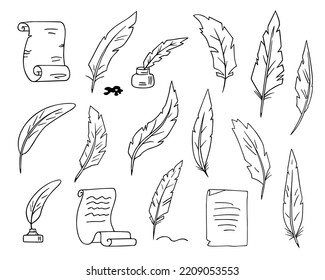 Bird feather quills and scroll parchment paper sheets set, writing ink pens and curved papyrus letter documents collection, hand drawn outline, doodle sketch.  Isolated. Vector illustration 